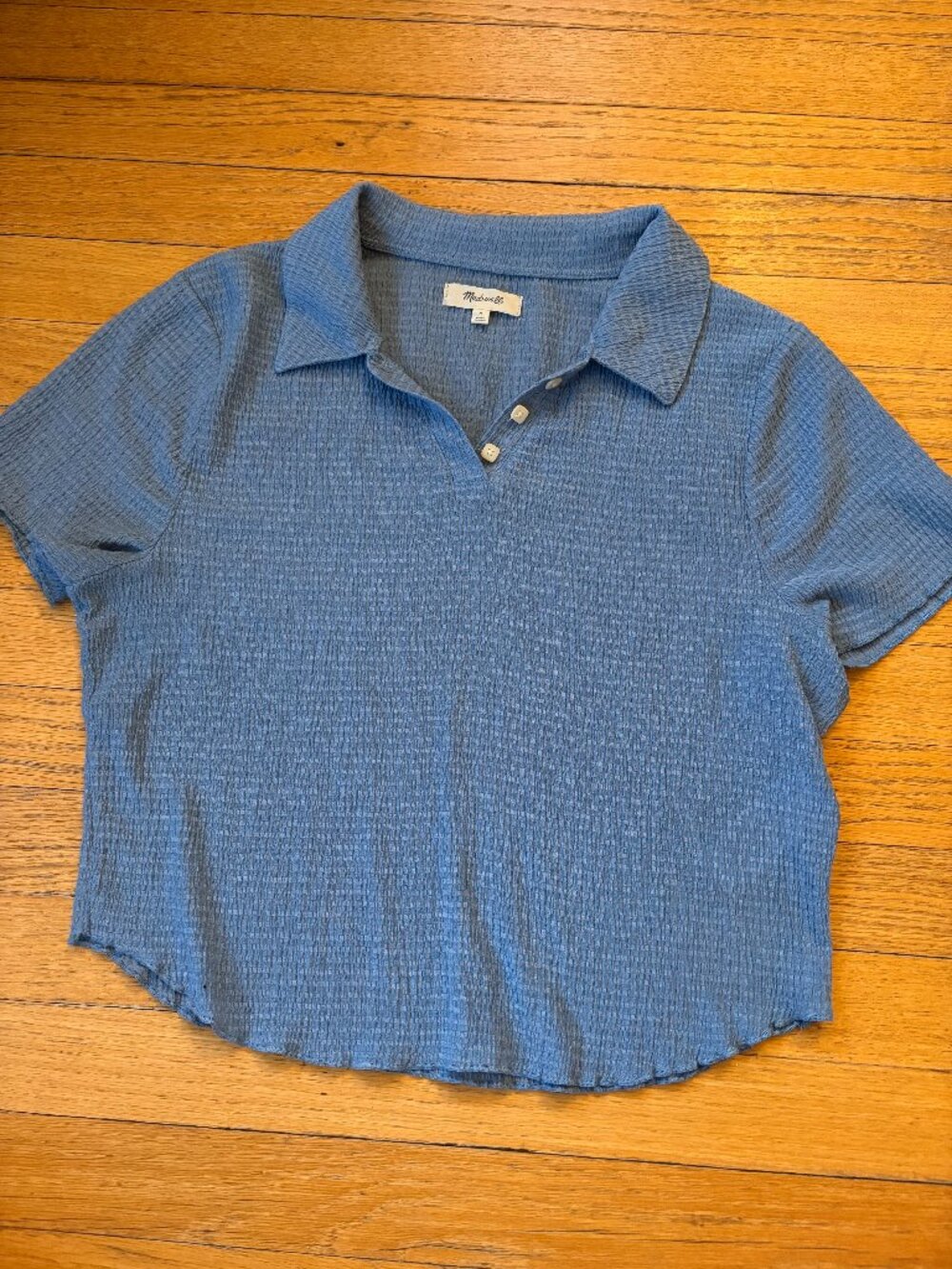 Madewell Tranquil Lake Blue Crinkled Cropped Polo Tee Textured Lightweight Med.